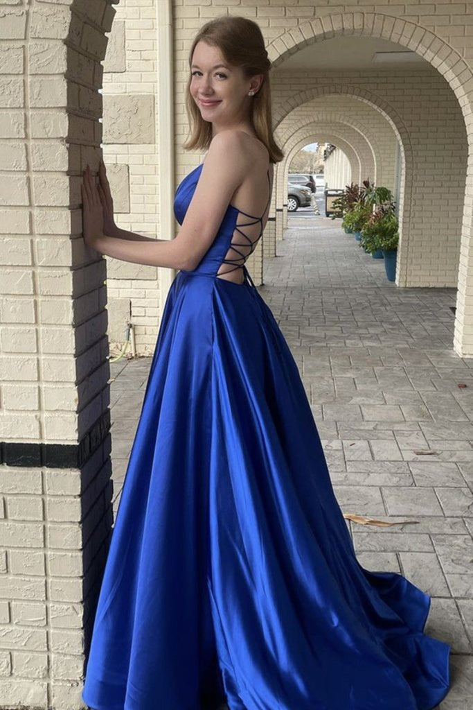 Blue V-Neck Lace Long Prom Dress, A-Line Spaghetti Formal Dress