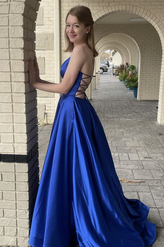 V Neck Backless Royal Blue Satin Long Prom Dress with Pocket, V Neck R Eip Collection V Neck Backless Royal Blue Satin Long Prom Dress with Pocket, V Neck R Eip Collection