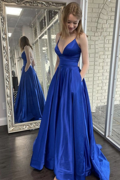 V Neck Backless Royal Blue Satin Long Prom Dress with Pocket, V Neck Royal Blue Formal Dress, Royal Blue Evening Dress