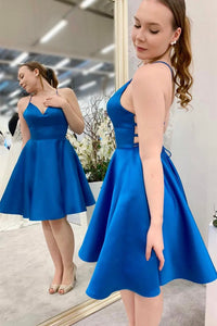 V Neck Backless Royal Blue Satin Short Prom Dresses, V Neck Royal Blue Homecoming Dresses, Blue Formal Graduation Evening Dresses EP1899