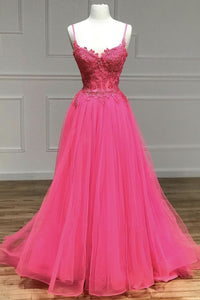 V Neck Beaded Hot Pink Lace Tulle Long Prom Dresses, Hot Pink Lace Formal Dresses, Hot Pink Evening Dresses EP1867