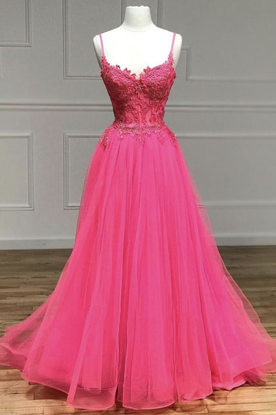 V Neck Beaded Hot Pink Lace Tulle Long Prom Dresses, Hot Pink Lace Formal Dresses, Hot Pink Evening Dresses EP1867