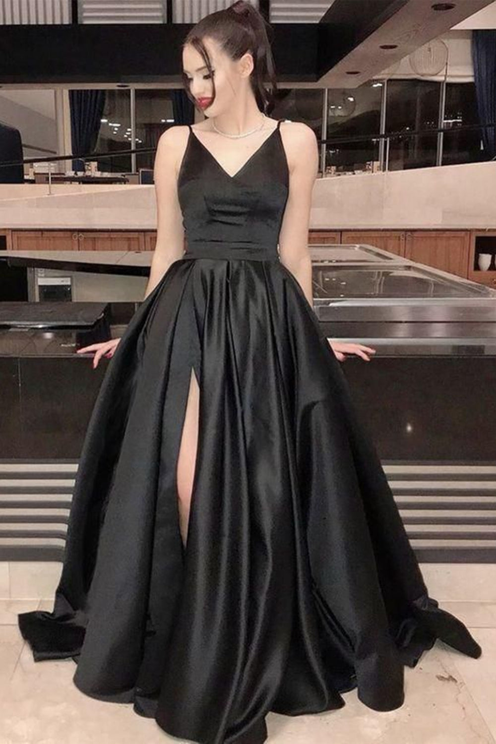 V Neck Black Satin Long Prom Dresses with Slit, V Neck Black Formal Graduation Evening Dresses EP1397