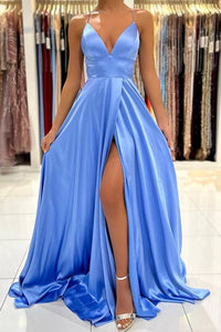 V Neck Blue Backless Satin Prom Dresses, Open Back Blue Satin Long Formal Evening Dresses