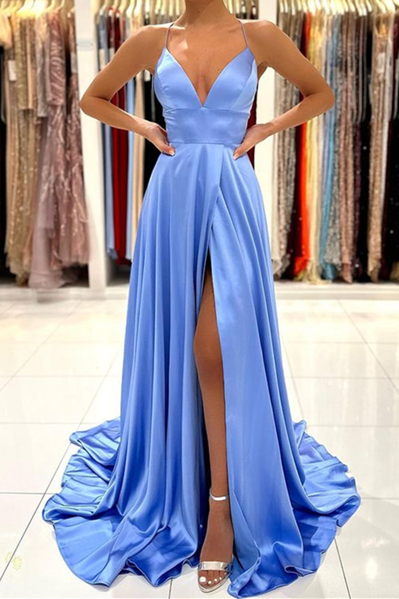 V Neck Blue Backless Satin Prom Dresses, Open Back Blue Satin Long For