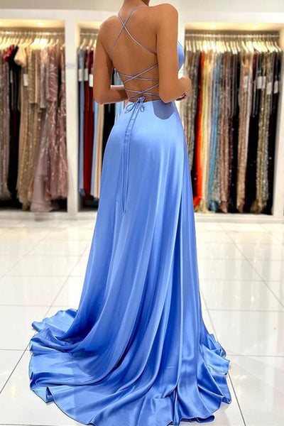 V Neck Blue Backless Satin Prom Dresses, Open Back Blue Satin Long Formal Evening Dresses