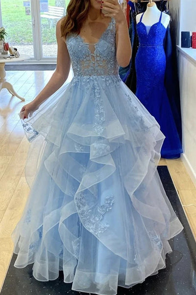 V Neck Blue Lace Prom Dresses, Blue Lace Long Formal Evening Dresses