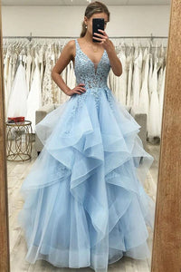 V Neck Blue Lace Prom Dresses, V Neck Blue Lace Formal Evening Dresses