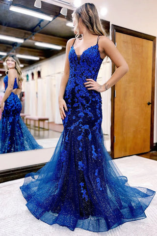 V Neck Blue Mermaid Lace Prom Dresses, Blue V Neck Mermaid Lace Formal Evening Dresses