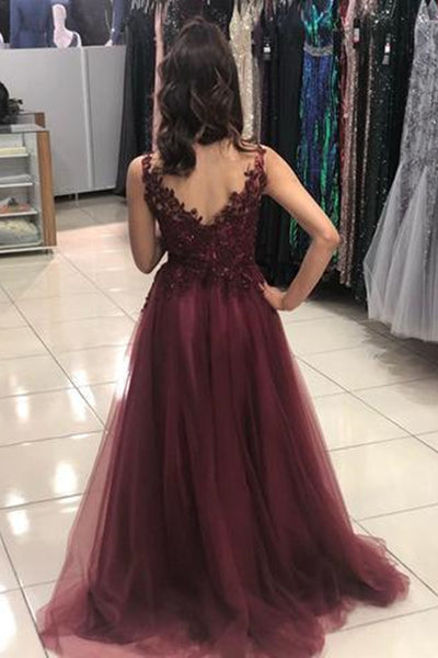 V Neck Burgundy Lace Long Prom Dresses with Slit, Burgundy Lace Formal Dresses, Burgundy Evening Dresses EP1623