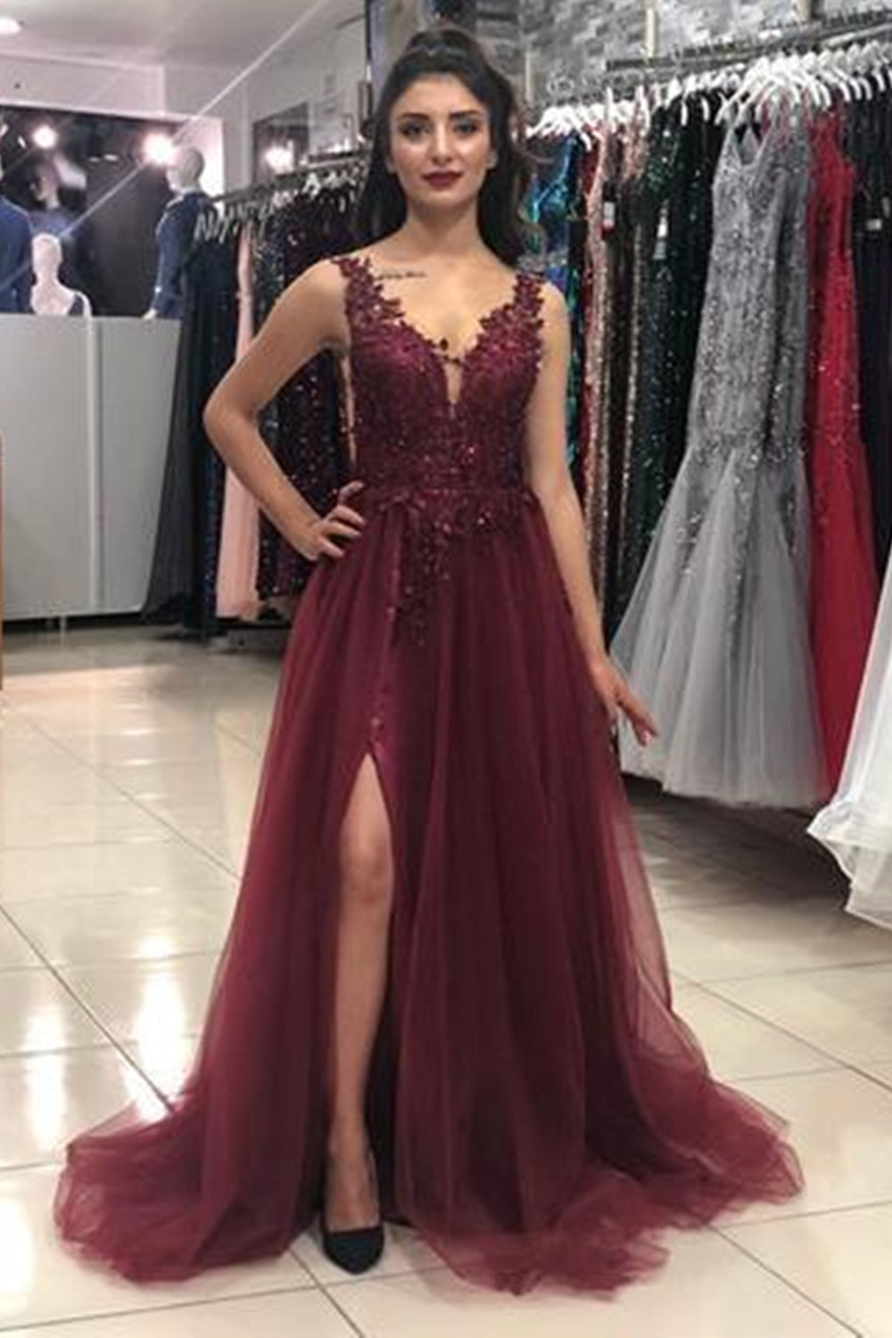 V Neck Burgundy Lace Long Prom Dresses with Slit, Burgundy Lace