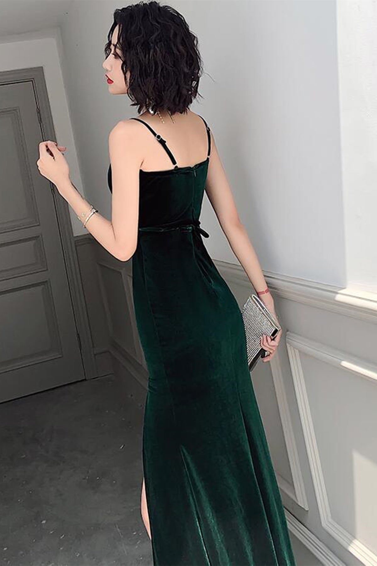 V Neck Dark Green Velvet Long Prom Dresses with High Slit, V Neck Dark –  Eip Collection