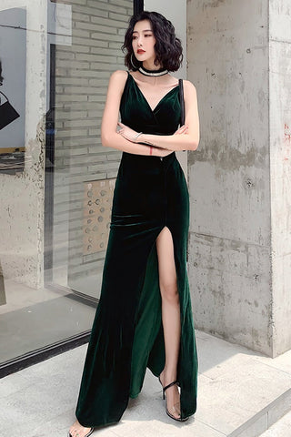 V Neck Dark Green Velvet Long Prom Dresses with High Slit, V Neck Dark Green Formal Graduation Evening Dresses EP1671