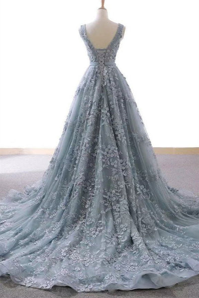 V Neck Dusty Blue Lace Long Prom Dresses, Dusty Blue Lace Formal Dresses, Blue Evening Dresses EP1619