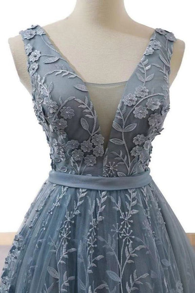 V Neck Dusty Blue Lace Long Prom Dresses, Dusty Blue Lace Formal Dresses, Blue Evening Dresses EP1619