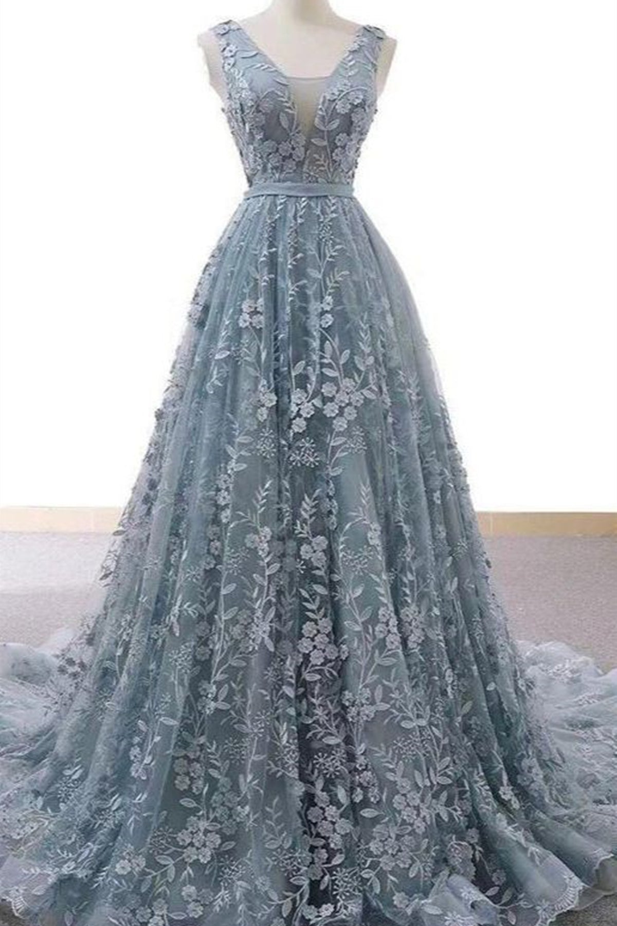 V Neck Dusty Blue Lace Long Prom Dresses, Dusty Blue Lace Formal Dresses, Blue Evening Dresses EP1619