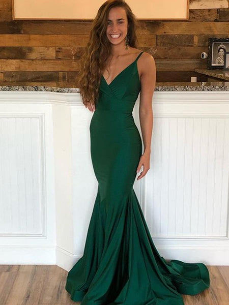 V Neck Emerald Green Mermaid Prom Dresses, Dark Green Mermaid Long Formal Evening Dresses