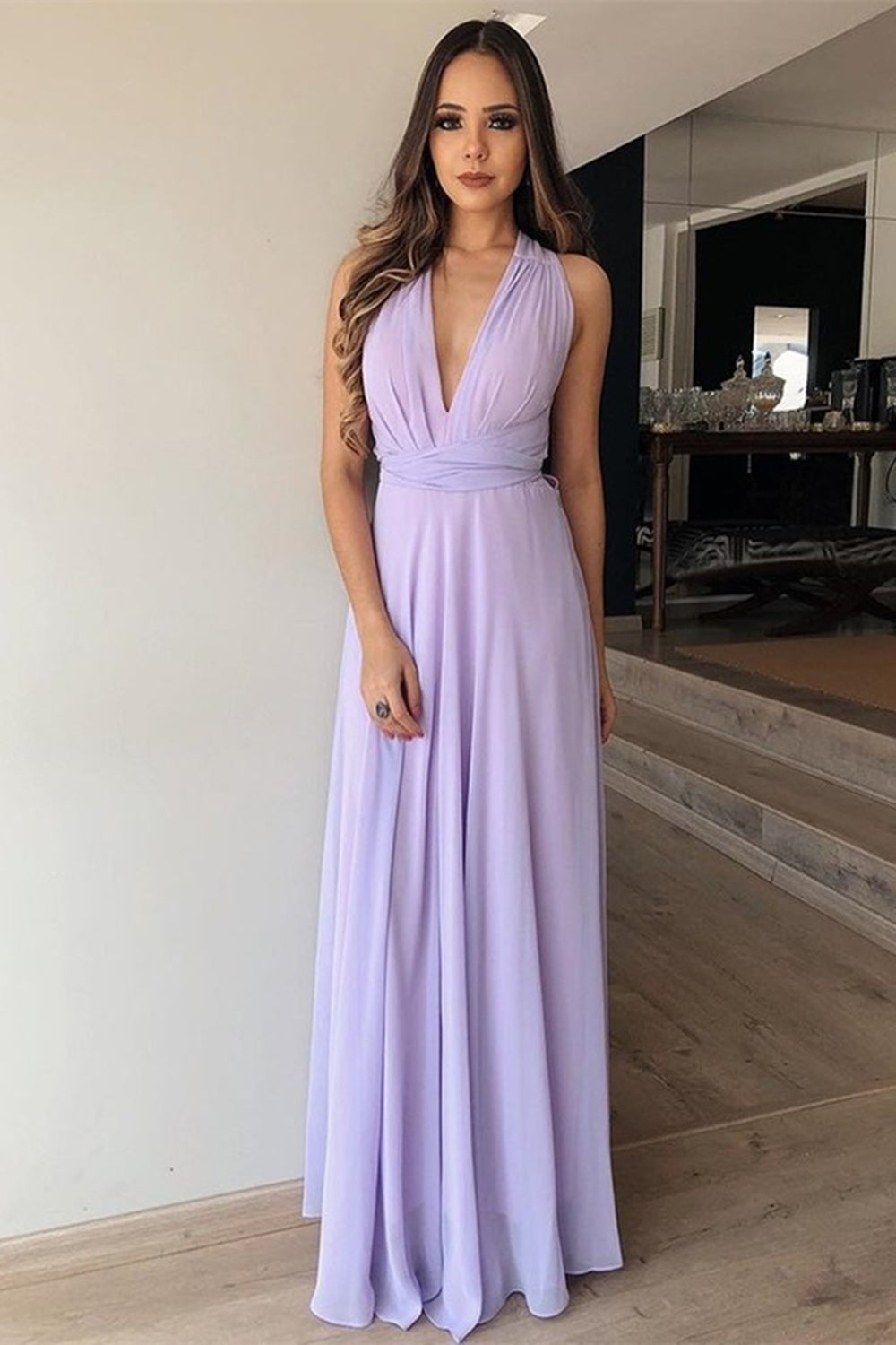 V Neck Floor Length Purple Chiffon Long Prom Dresses, Lilac Bridesmaid Dresses, Lavender Formal Evening Dresses EP1546