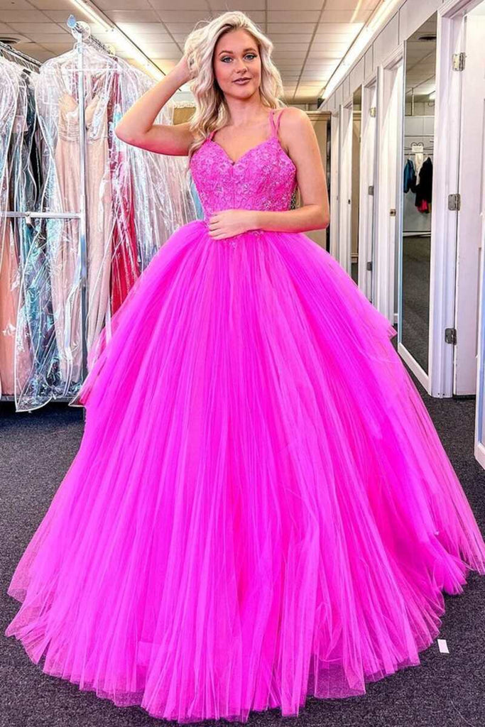 prom dresses fuschia V Neck Fuchsia Lace Appliques Tulle Long Prom Dresses, Fuchsia Lace Fo – Eip Collection