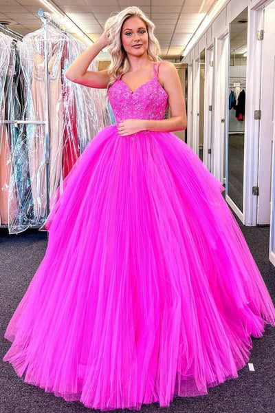 V Neck Fuchsia Lace Appliques Tulle Long Prom Dresses, Fuchsia Lace Formal Evening Dresses, Fuchsia Ball Gown EP1857