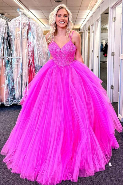 V Neck Fuchsia Lace Appliques Tulle Long Prom Dresses, Fuchsia Lace Formal Evening Dresses, Fuchsia Ball Gown EP1857