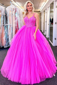 V Neck Fuchsia Lace Appliques Tulle Long Prom Dresses, Fuchsia Lace Formal Evening Dresses, Fuchsia Ball Gown EP1857