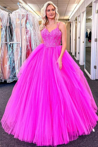 V Neck Fuchsia Lace Appliques Tulle Long Prom Dresses, Fuchsia Lace Formal Evening Dresses, Fuchsia Ball Gown EP1857