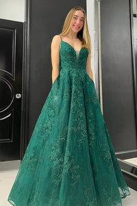 V Neck Green Lace Prom Dresses, V Neck Green Lace Formal Evening Dresses
