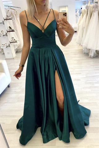 V Neck Green Satin Long Prom Dresses with Slit, V Neck Green Formal Graduation Evening Dresses EP1417