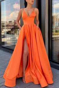 V Neck High Slit Orange Satin Long Prom Dresses with Pocket, V Neck Orange Formal Graduation Evening Dresses EP1737