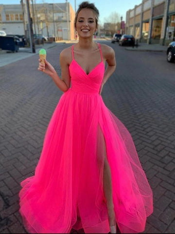 V Neck Hot Pink Long Prom Dresses, Hot Pink Floor Length Long Formal Evening Dresses