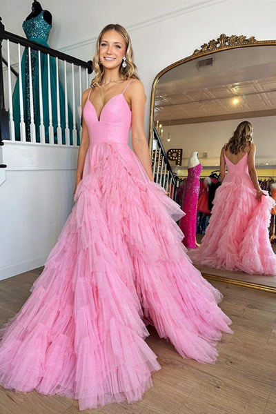 V Neck Hot Pink Long Prom Dresses, Hot Pink V Neck Long Formal Evening Dresses