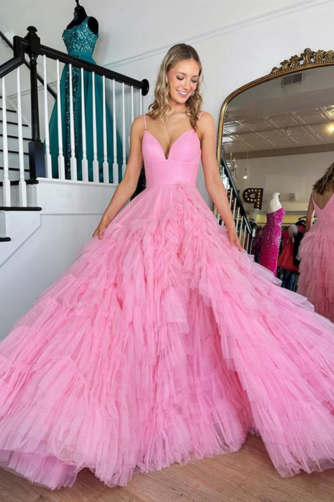 Pink Tulle Prom Hot Pink Evening Gowns V Neck Hot Pink Long Prom Dresses, Hot Pink Pink Tulle Prom Hot Pink Evening Gowns V Neck Hot Pink Long Prom Dresses, Hot Pink
