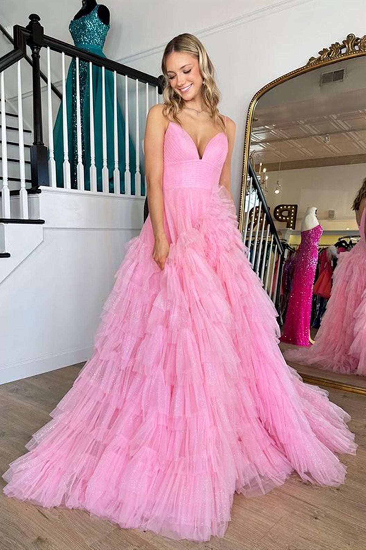 V Neck Hot Pink Long Prom Dresses, Hot Pink V Neck Long Formal Evening Dresses