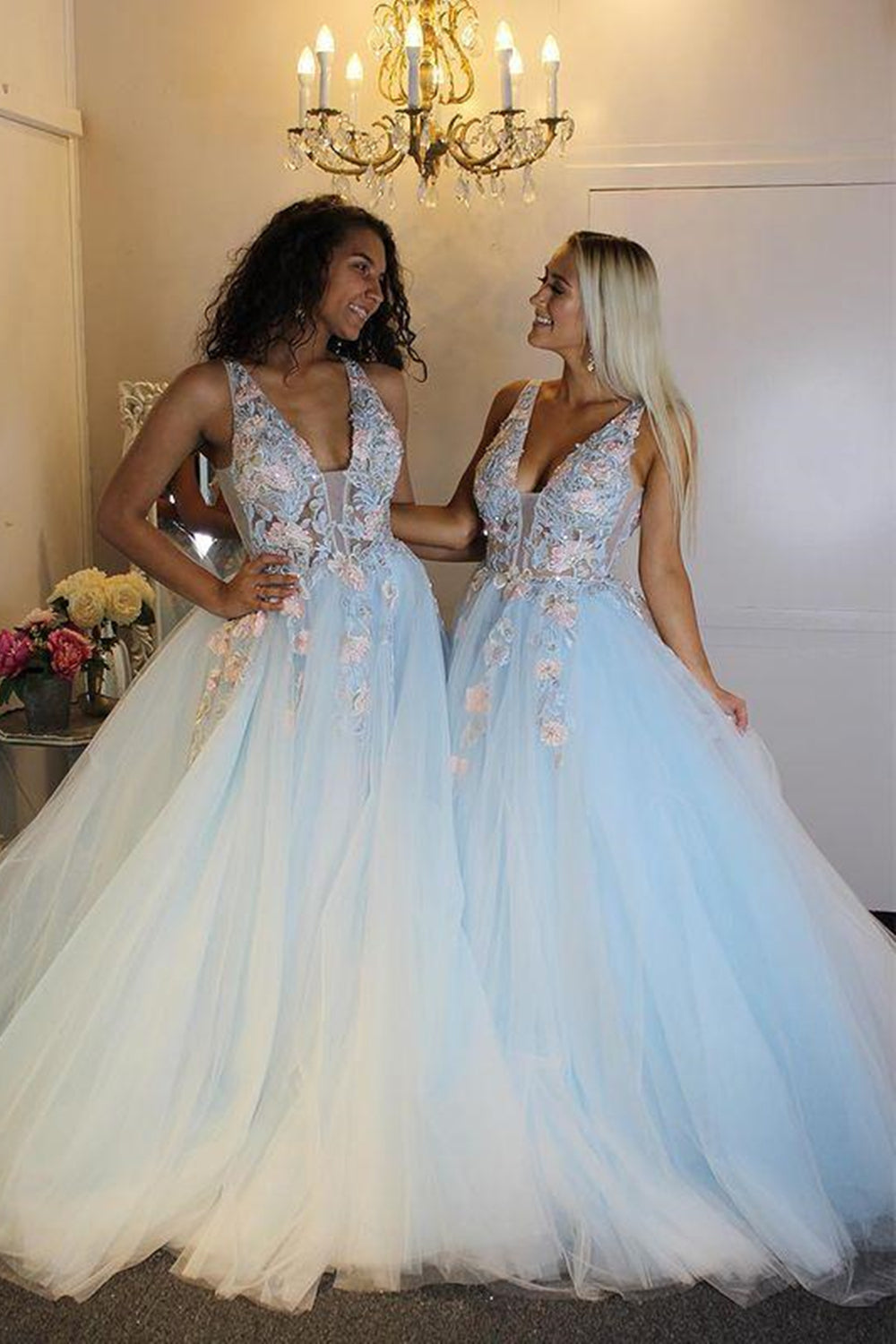 V Neck Light Blue Lace Floral Long Prom Dresses, Light Blue Lace Appliques Formal Evening Dresses EP1642