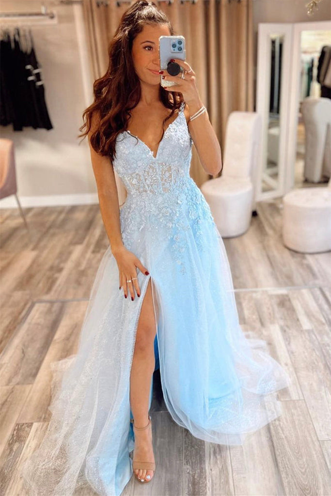 V Neck Light Blue Lace Long Prom Dresses with High Slit, Light Blue Tulle  Lace Formal Evening Dresses EP1724