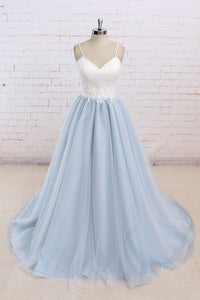 V Neck Light Blue Lace Prom Dresses, Light Blue Lace Formal Evening Dresses