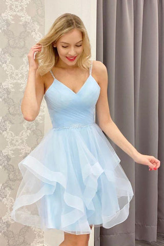 V Neck Light Blue Short Prom Homecoming Dresses, V Neck Light Blue Formal Graduation Evening Dresses EP1609