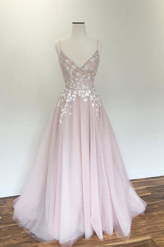 V Neck Light Pink Tulle Lace Prom Dresses, Light Pink Tulle Lace Formal Evening Dresses