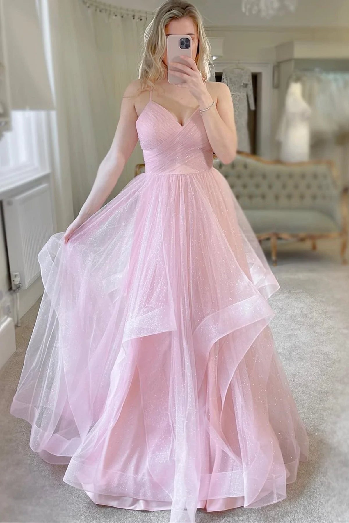V Neck Light Pink Tulle Prom Dresses, Light Pink Tulle Formal Evening Dresses