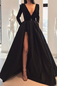 V Neck Long Sleeves Black Long Prom Dresses with Pocket, Long Sleeves High Slit Black Formal Evening Dresses