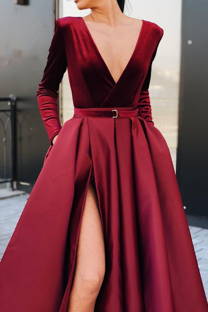 V Neck Long Sleeves Burgundy Prom Dresses with Pocket, Long Sleeves Hi