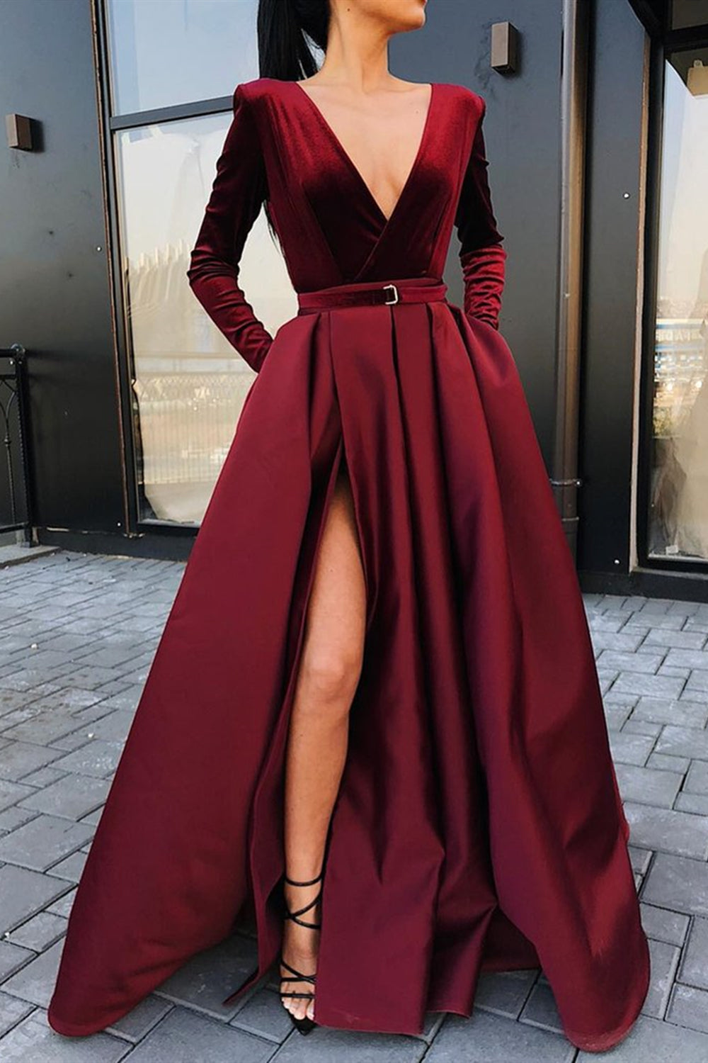 V Neck Long Sleeves Burgundy Prom Dresses with Pocket, Long Sleeves Hi Eip Collection V Neck Long Sleeves Burgundy Prom Dresses with Pocket, Long Sleeves Hi Eip Collection
