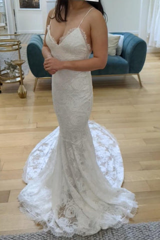 V Neck Mermaid Backless White Lace Long Prom Dresses with Train, Mermaid White Formal Dresses, White Lace Evening Dresses EP1758
