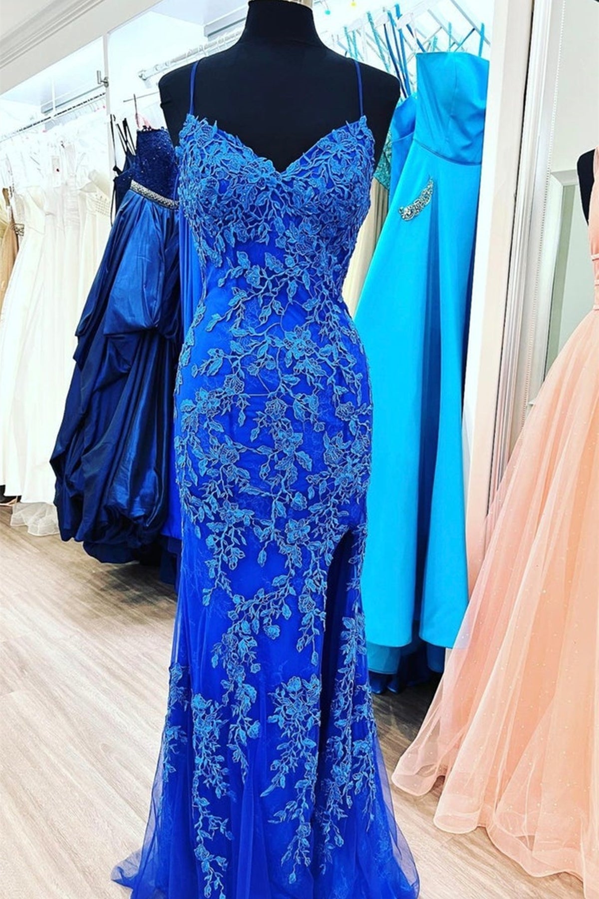 V Neck Mermaid Blue Lace Long Prom Dresses with High Slit, Mermaid Blue Formal Dresses, Blue Lace Evening Dresses EP1673