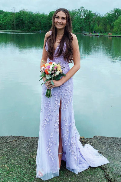 V Neck Mermaid Lace Tulle Long Prom Dresses with High Slit, Mermaid Lace Formal Graduation Evening Dresses EP1861