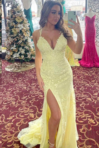 V Neck Mermaid Lace Tulle Long Prom Dresses with High Slit, Mermaid Lace Formal Graduation Evening Dresses EP1861
