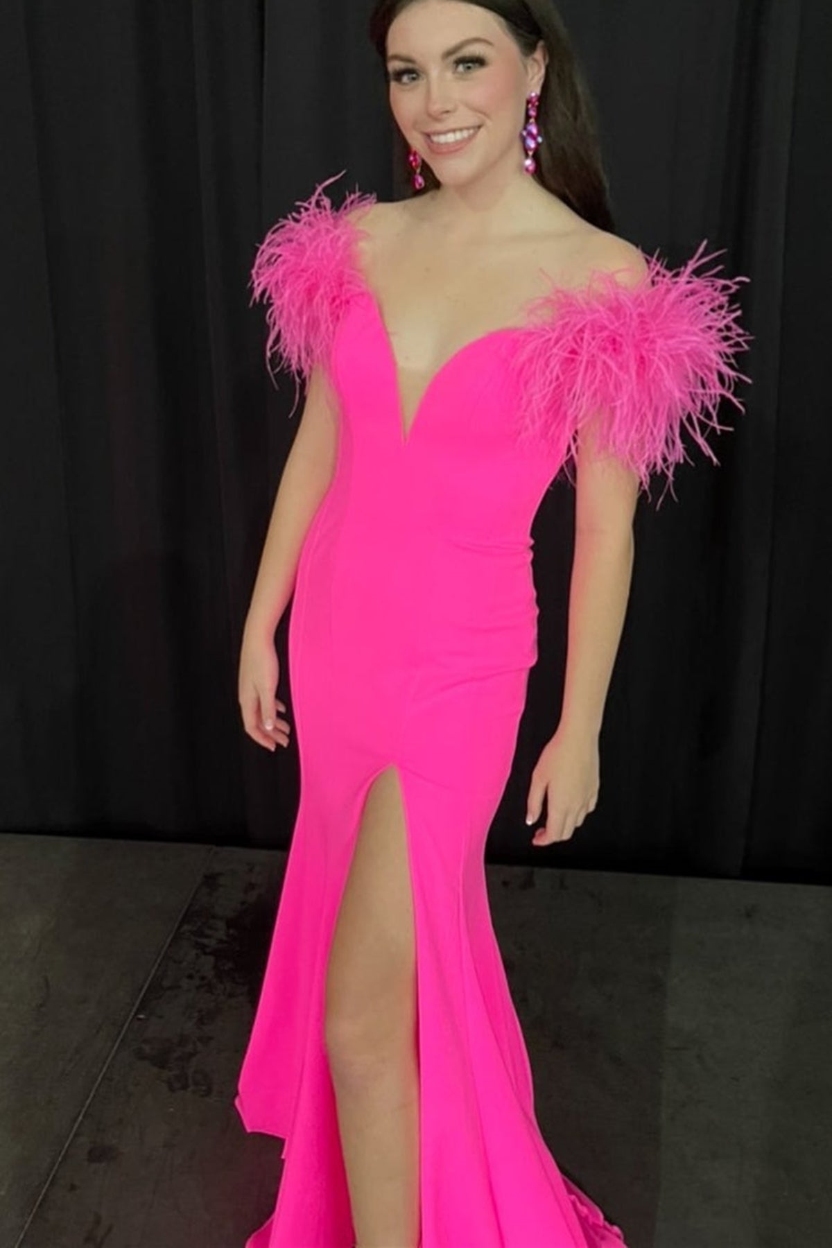 V Neck Mermaid Off Shoulder Hot Pink Long Prom Dresses with High Slit, Eip Collection V Neck Mermaid Off Shoulder Hot Pink Long Prom Dresses with High Slit, Eip Collection