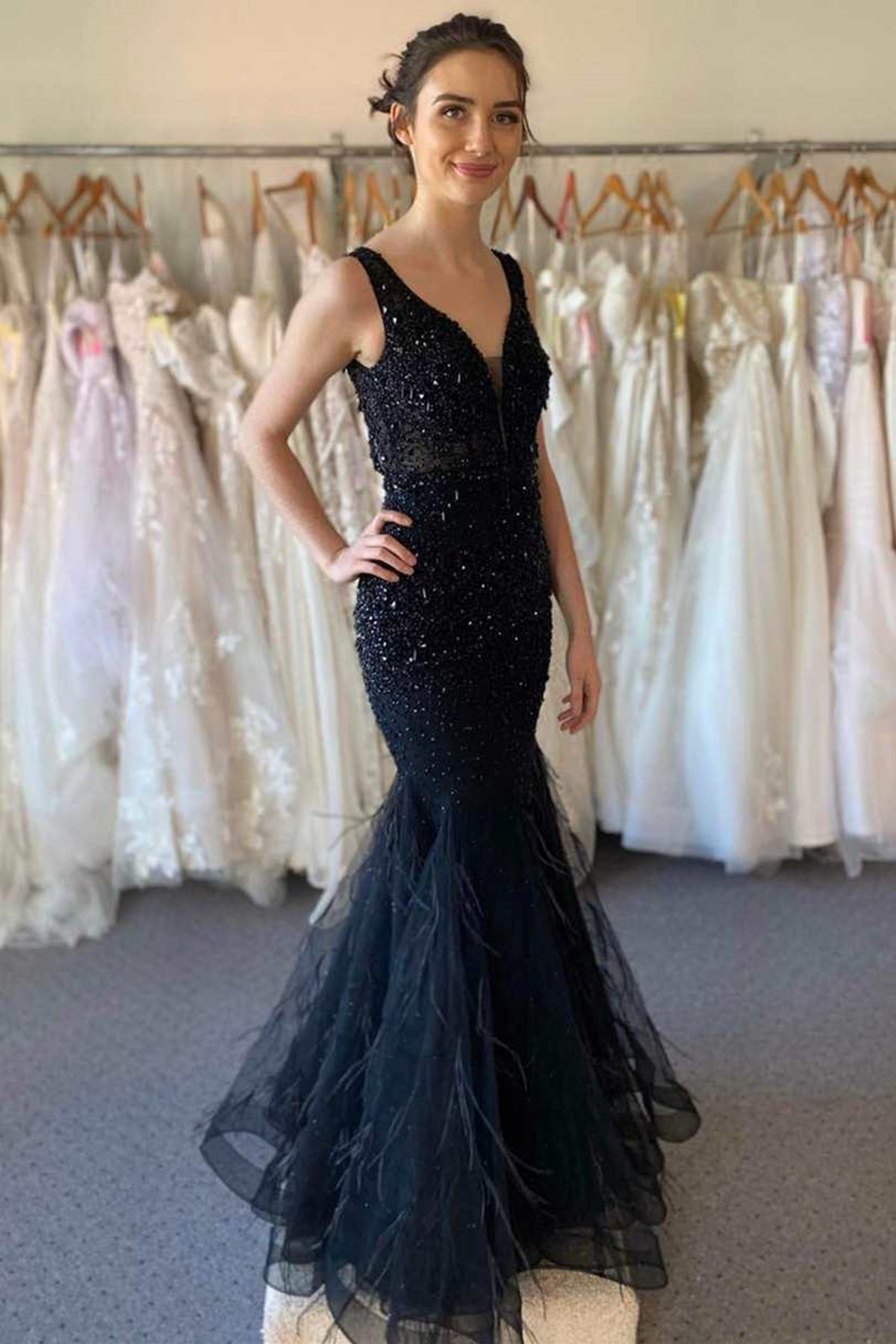 V Neck Mermaid Open Back Beaded Black Tulle Long Prom Dresses, Mermaid Black Lace Formal Dresses, Beaded Black Evening Dresses EP1870