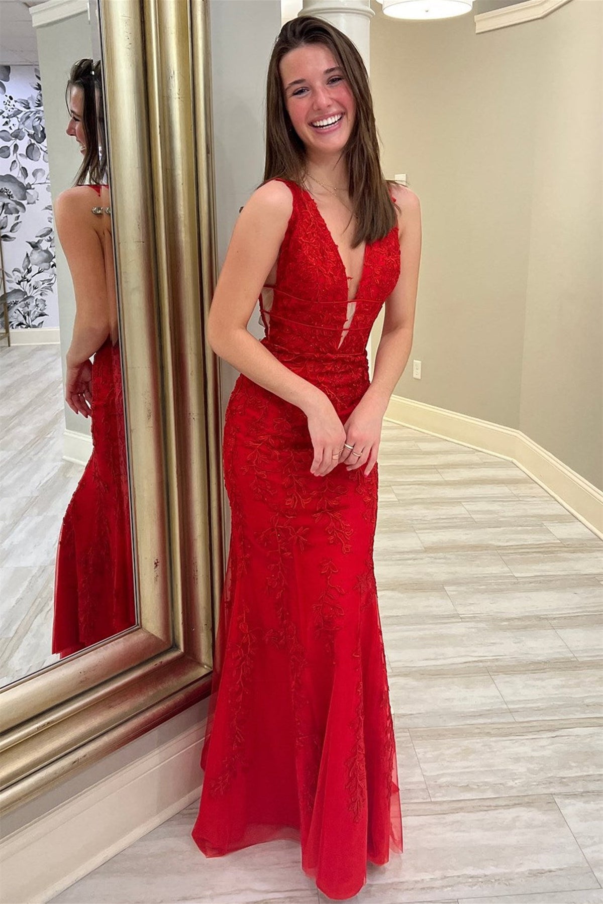 V Neck Mermaid Red Lace Tulle Long Prom Dresses, Mermaid Red Formal Dresses, Red Lace Evening Dresses EP1843
